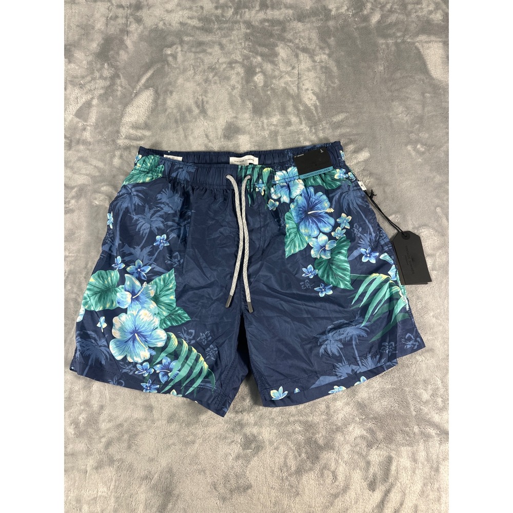 Vintage Summer Premium Mens Swim Trunks Navy Floral Compression Liner Size L NEW